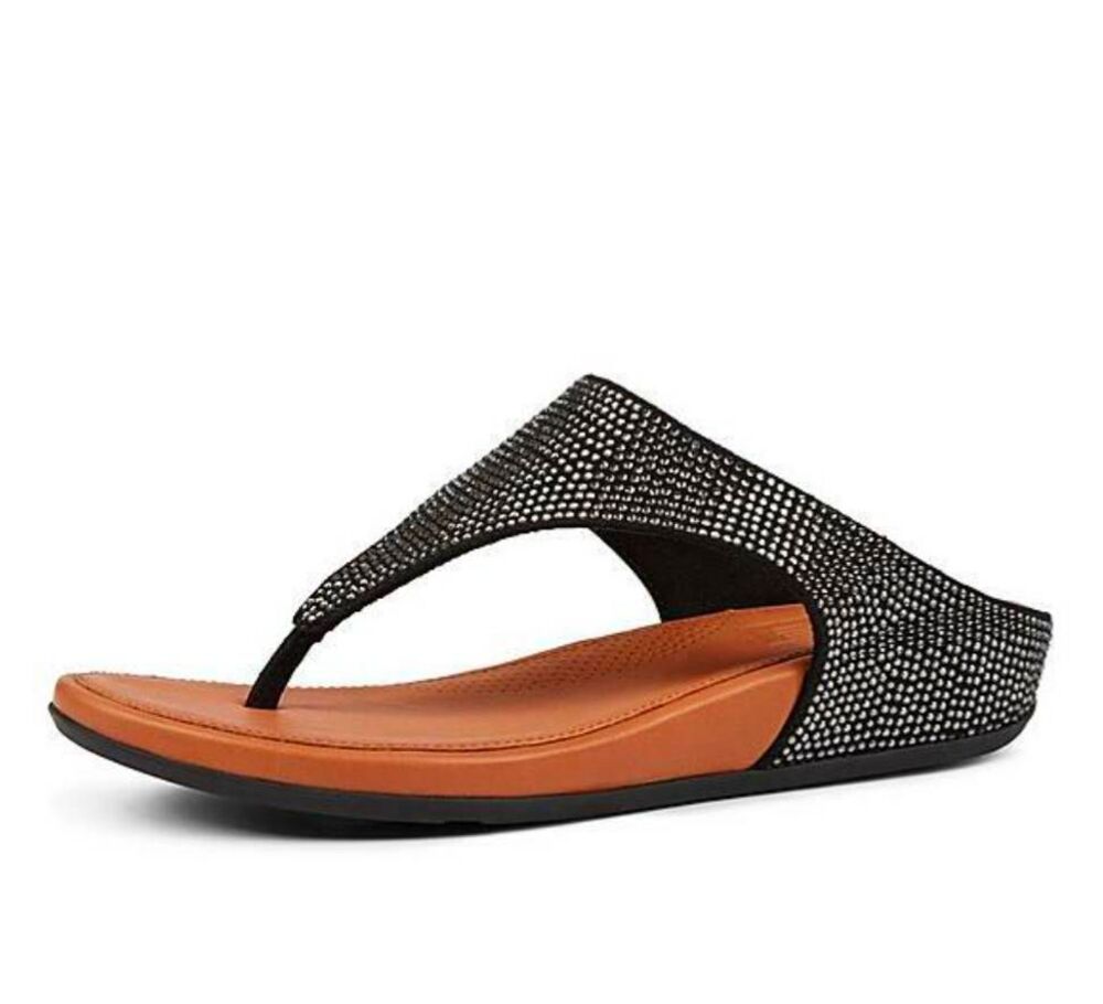 Fitflop Banda Glitz Black & Tan leather rhinestone comfort sandal womens 8